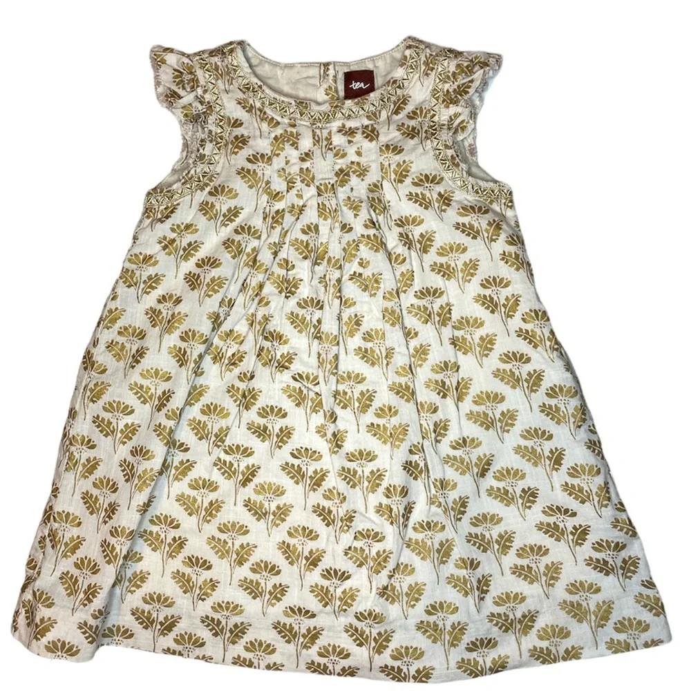 Tea Collection A World of Wonder Gold Leaf Print Flutter Sleeve Dress Sz 18-24M